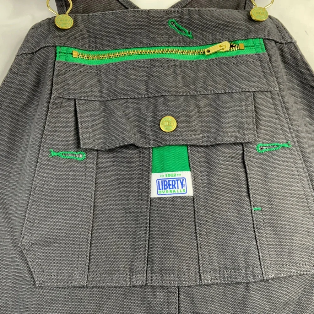 Liberty Overalls Men Charcoal Gray Canvas Bib Workwear Carpenter Pants Green Zip